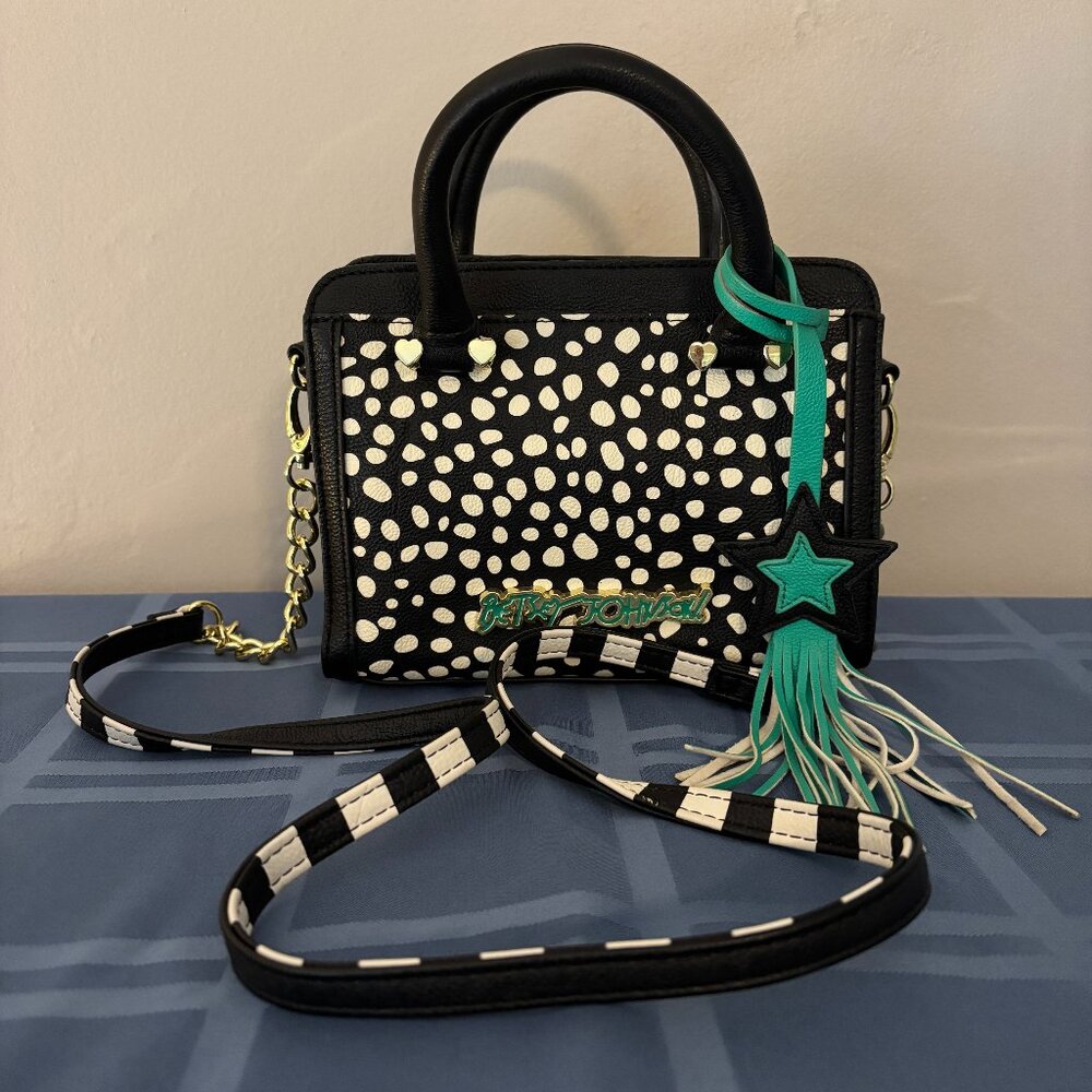 Betsey Johnson Black & White Polka Dot Mini Bag with Teal Star Charm Tassel